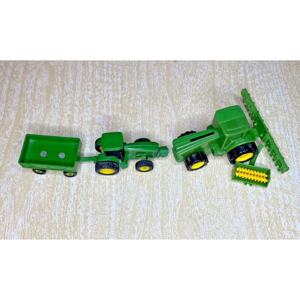 ERTL John Deere Tractor & Trailer and Stationary Plastic Tractor with 2 Rakes